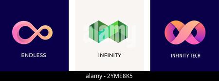 Satz von Infinity-Logos, mobius-Bandsymbolen, Symbolen. Infinity 3D, moderner minimalistischer Stil. Farbenfrohes Vektordesign Stock Vektor