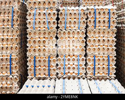 Nahaufnahme der Eierplatten aus dem Papier mit dem Kunststoffband stapeln sich in der Nähe der Wand zum Verkauf im Supermarkt, Vorderansicht für den Backgr Stockfoto