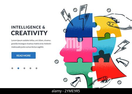 Kreativität, Bildung, psychologische Unterstützung, Inspirationskonzept. Menschliche Hände verbinden sich mit Kopfform buntes Puzzle. Vektor Hand gezeichnetes Skizzengeschäft i Stock Vektor