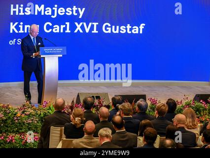 König von Schwedens Staatsbesuch in Singapur der schwedische König Carl XVI Gustaf spricht auf dem Singapur-Sweden Business Forum am 20. November 2024 in Singapur. Swedens King Carl XVI Gustaf ist auf Einladung von Singapurs Präsident Tharman zu einem dreitägigen Staatsbesuch in Singapur. Mit etwa 100 Geschäftsdelegierten in seinem Umfeld nimmt er an einem Singapur-Schweden-Wirtschaftsforum Teil, wo er Zeuge eines Austauschs von Memoranda of Understanding MOUs sein wird, die die Zusammenarbeit in den Bereichen Luftfahrt, Verteidigungstechnologie, Energie, Verkehr und Innovation im Gesundheitswesen umfassen. SINGAPUR Singapur Copyright: XMatrixxImagesx/xLimxSimonx Stockfoto
