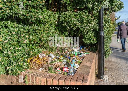 Dosen, Flaschen und andere Abfälle werden in ein Blumenbeet auf der Seite eines Bürgersteigs in Southampton, England, Großbritannien, geworfen Stockfoto