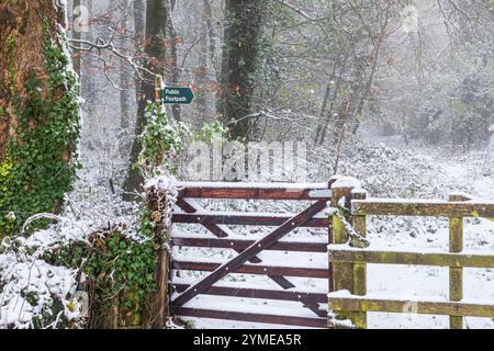 Der Schnee fällt im November auf einem öffentlichen Fußweg in der Nähe des Dorfes Snowshill in Cotswold, Gloucestershire, England, Großbritannien Stockfoto