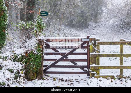 Der Schnee fällt im November auf einem öffentlichen Fußweg in der Nähe des Dorfes Snowshill in Cotswold, Gloucestershire, England, Großbritannien Stockfoto