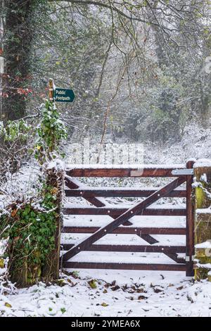 Der Schnee fällt im November auf einem öffentlichen Fußweg in der Nähe des Dorfes Snowshill in Cotswold, Gloucestershire, England, Großbritannien Stockfoto