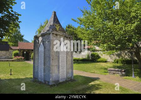 Gedenkstein, Inschrift, Namen, Gedenken an die gefallenen Söhne im Weltkrieg 1914, 1918, Garten der St. John's Church, evangelische Kirche, in Th Stockfoto