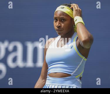 Tennisspieler Coco Gauff, der bei den US Open 2024 Championships skeptisch ist, Billie Jean King Tennis Center, Queens, New York, USA. Stockfoto