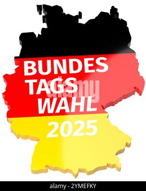 Wahlen in Deutschland. Der Text „Bundestagswahl 2025“ (Bundestagswahl 2025) auf einer deutschen Landkarte mit den Farben der deutschen Flagge. Auf reinweißem Backgr Stockfoto