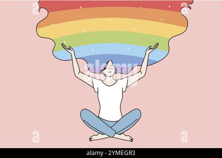 Körperpositiv und Gesundheitskonzept. Glückliche, lächelnde junge Frau, die in Lotusposition sitzt und ihre Arme zum Regenbogen und Himmel öffnet, um gute Vibes zu erzeugen Stockfoto