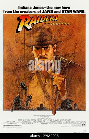 Raiders of the Lost Ark (1981) von Steven Spielberg mit Harrison Ford, Karen Allen und Paul Freeman. Der Archäologe Indiana Jones rennt 1936 gegen die Nazis, um die mystische Bundeslade zu finden, bevor sie in die falschen Hände fällt. Foto eines Original-Posters aus dem Jahr 1981 mit einem Blatt aus den USA mit einem Kunstwerk von Richard Amsel ***NUR ZUR REDAKTIONELLEN VERWENDUNG***. Quelle: BFA / Paramount Pictures Stockfoto