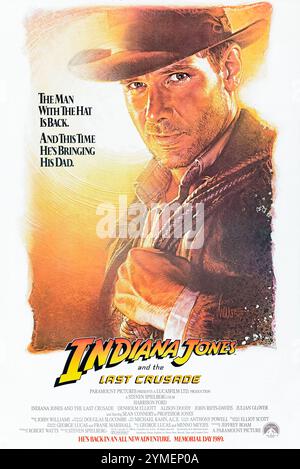 Indiana Jones and the Last Crusade (1989) von Steven Spielberg mit Harrison Ford, Sean Connery und Denholm Elliott. Ein Archäologe begibt sich auf die Suche nach dem Heiligen Gral, während er seinen Vater vor den Nazis rettet. Foto eines Original-Posters aus dem Jahr 1989 mit einem Blatt aus den USA mit einem Kunstwerk von Drew Struzan ***NUR ZUR REDAKTIONELLEN VERWENDUNG***. Quelle: BFA / Paramount Pictures Stockfoto