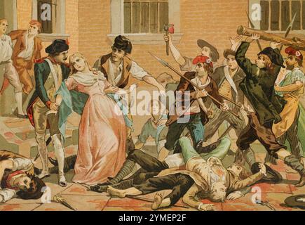 Französische Revolution. September-Massaker (2. Bis 6. September 1792). Die Revolutionäre führten Massenmorde unter der Gefängnisbevölkerung in ganz Frankreich, hauptsächlich in Paris, durch. Mord an der Princesse de Lamballe (Marie Thérèse Louise von Savoyen) (1749-1792), 3. September 1792. Chromolithographie. Los Girondinos (Revolución Francesa) (die Girondins, Französische Revolution), von A. de Lamartine. Band I. veröffentlicht in Barcelona, 1904. Stockfoto