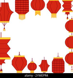 Vektor-Illustration der Sommerfest-roten Laternen. Vorlage für quadratischen Rahmen. Vektorgrafik Stock Vektor