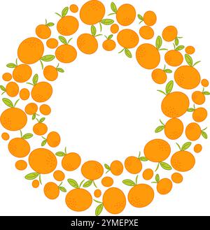 Mandarinenrahmen. Runde, saisonale Obstgrenze. Tangerine isolierter Rahmen mit Kopierraum. Vektorgrafik Sommer tropischer Hintergrund. Für Poster, Banner, Stock Vektor