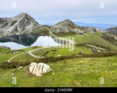 Der Enol-See und die umliegende Berglandschaft von einem Aussichtspunkt im Nationalpark Picos de Europa, Asturien, Spanien Stockfoto