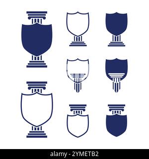 Justice-Logo mit Säulen und Schild, Balance, Logo-Design-Inspiration für Anwaltskanzlei. Anwaltskanzlei Pillar Stock Vektor