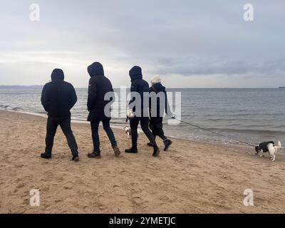 Menschen, die an einem kalten Wintertag an der Ostsee, der Danziger Bucht, Polen, Europa entlang des Danziger Strandes spazieren Stockfoto