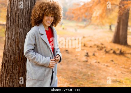 Eine junge Frau mit lockigen Haaren lehnt sich an einen Baum, trägt einen warmen Pullover, lächelt fröhlich im goldenen Herbstlaub und umhergefallenen Blättern Stockfoto