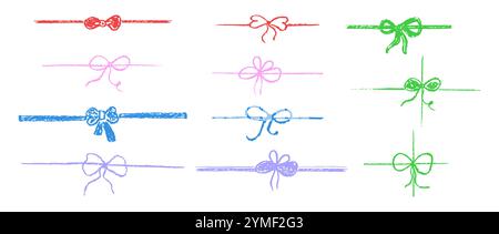 Set mit Schleife mit Doodle-Geschenkband. Einfache Linienelemente mit Farbstift. Skizzieren Sie stile minimalistische Schleife. Kinder Kunst Pastell Stock Vektor