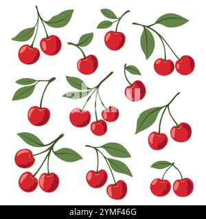 Flat Vector Cute Cartoon Cherry Icon Set. Einzeln, ein Paar Kirschen und eine Gruppe Kirschen mit Blättern Clipart. Cherry Art, Designvorlage, Vektor Stock Vektor