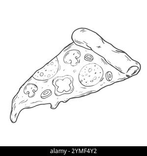 Vektorabbildung. Pizzascheibe mit geschmolzenem Käse und Peperoni. Handgezeichnete Kritzelei. Zeichentrickskizze. Dekoration für Grußkarten Stock Vektor