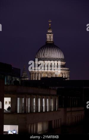 Der Blick vom Ned Hotel in London auf St. Pauls, das Rathaus und verschiedene berühmte londoner Wahrzeichen, einschließlich The Shard. Später Winternachmittag im Dunkeln Stockfoto