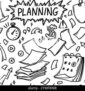 Doodle Office nahtlose Patter. Business Hand gezeichneter Skizzenhintergrund. Vektorillustration. Strategiekonzept planen und erstellen Stock Vektor