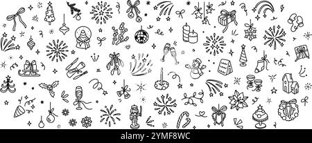 Niedliche Linie Doodle Frohe Weihnachten und. Happy New Year Hand gezeichneter rechteckiger Hintergrund. Minimalistischer Kinderkreide. Partyfeier. Feuerwerk Stock Vektor
