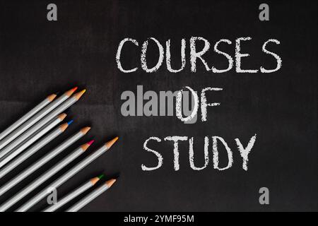 Ein Schwarzes Brett mit dem Wort „Kurse des Studiums“. Die Tafel ist mit Bleistiften bedeckt, von denen einige farbig sind Stockfoto