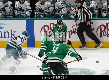 Dallas, Usa. November 2024. Mario Ferraro #38 von San Jose Sharks, die im American Airlines Center gegen die Dallas Stars der NHL auf dem Eis im Puck skaten. Endpunktzahl Dallas Stars 5 - 2 San Jose Sharks. Am 20. November 2024 in Dallas, Texas. (Foto: Javier Vicencio/Eyepix Group) Credit: Eyepix Group/Alamy Live News Stockfoto