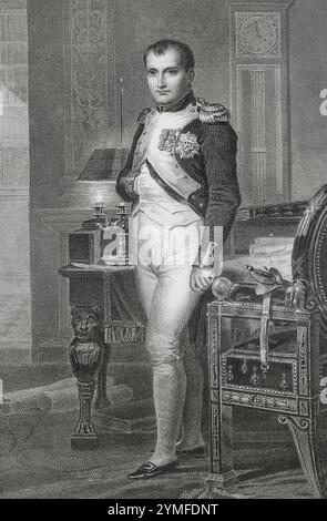 Napoleon I. Bonaparte (1769-1821). Konsul auf Lebenszeit (1802) und Kaiser der Franzosen (1804-1815). Stich von Vallot nach einem Porträt von Jacques-Louis David. "Histoire du Consulat et de l'Empire" (Geschichte des Konsulats und des französischen Reiches unter Napoleon), von A. Thiers. Band V. veröffentlicht in Paris, 1845. Autor: Philippe Joseph Augustin Vallot (1796-1870). Französischer Graveur. Stockfoto