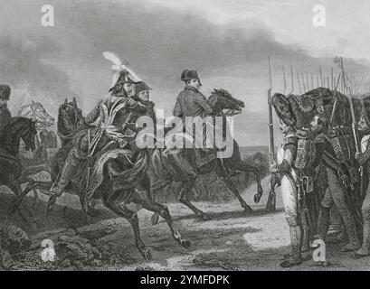 Schlacht von Jena (14. Oktober 1806). Die französische Armee unter Napoleon besiegte die preußischen Truppen unter Friedrich Wilhelm III. Von Preußen. Napoleon I. in der Schlacht von Jena. Napoleon überprüft die Kaiserliche Garde. Die Szene zeigt Napoleon beim Gruß eines Grenadiers der Kaiserlichen Garde. Murat wird hinter ihm reiten gezeigt. Zeichnung von Edouard Girardet nach dem Gemälde von Horace Vernet. Stich von Paul Girardet. "Histoire du Consulat et de l'Empire" (Geschichte des Konsulats und des französischen Reiches unter Napoleon), von A. Thiers. Band VII. Veröffentlicht in Paris, 1847. Autor: Paul Stockfoto