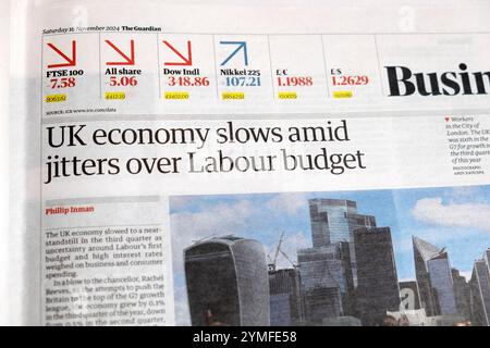 "UK Economy Slows amid Jitters over Labour Budget" Guardian Zeitung Schlagzeilen-Geschäft G7 ONS Business artikel 16 November 2024 London Großbritannien Stockfoto