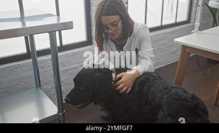 Eine junge, schöne, hispanische Tierärztin in einer Klinik untersucht sanft einen labrador-Hund und stellt eine tierärztliche Versorgung vor. Stockfoto