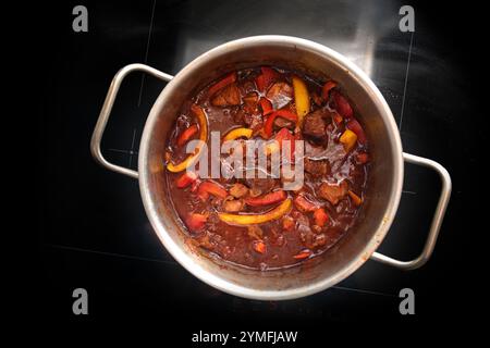 Kochen von Schweinegulasch mit Paprika in einem Edelstahltopf auf einem schwarzen Keramikkochfeld, Hochwinkelansicht direkt darüber, Kopierraum, ausgewählter Fokus Stockfoto