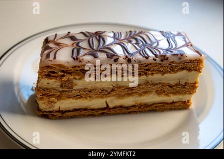 Portion französischer Mille-Feuille-Kuchen, Vanille- oder Vanillescheibe, Napoleon-Blätterteig, mit Teigcreme in einer französischen Bäckerei Stockfoto