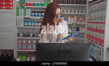 Eine kaukasische Apothekerin mit rotem Haar, die eine blaue Tablette in einem Drogeriemarkt benutzt. Stockfoto