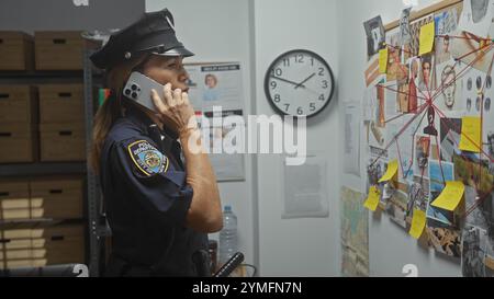 Eine fokussierte Polizistin ermittelt in einem Büro, umgeben von Beweisen, Karten und Notizen, während sie am Telefon ist. Stockfoto