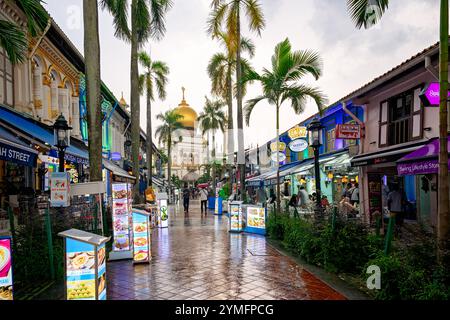 Singapur - 1. Juli 2024: Bussorah Street und Masjid Sultan Moschee, Viertel Kampong Glam, arabisch-muslimische Kultur, Touristenattraktionen Stockfoto