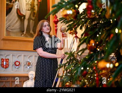 Windsor Castle, Großbritannien 21. November 2024. Die Besucher der State Apartments von Windsor Castle werden von prächtigen Weihnachtsvorführungen begrüßt. Das Highlight der diesjährigen Ausstellung sind die 20 Fuß hohe Nordmann-Tanne in der St. George's Hall und ein wunderschön dekorierter Weihnachtsbaum im Crimson Drawing Room Stockfoto