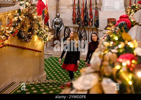 Windsor Castle, Großbritannien 21. November 2024. Die Besucher der State Apartments von Windsor Castle werden von prächtigen Weihnachtsvorführungen begrüßt. Das Highlight der diesjährigen Ausstellung sind die 20 Fuß hohe Nordmann-Tanne in der St. George's Hall und ein wunderschön dekorierter Weihnachtsbaum im Crimson Drawing Room Stockfoto