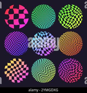 Grooviges Karomuster, rundes, gekacheltes Neongitter. Vintage gewellter Hintergrund, Verzerrungseffekt. Funky geometrische Schachbretttextur, Retro-Hintergrund Stock Vektor