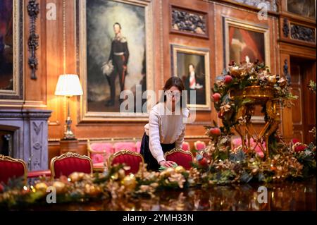 Windsor Castle, Großbritannien 21. November 2024. Die Besucher der State Apartments von Windsor Castle werden von prächtigen Weihnachtsvorführungen begrüßt. Das Highlight der diesjährigen Ausstellung sind die 20 Fuß hohe Nordmann-Tanne in der St. George's Hall und ein wunderschön dekorierter Weihnachtsbaum im Crimson Drawing Room Stockfoto