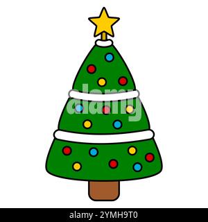 Farbiges Weihnachtsbaumsymbol. Grafisches Designelement für die Weihnachtszeit im Dezember. Illustration im Zeichentrickstil mit weißem Hintergrund. Stockfoto