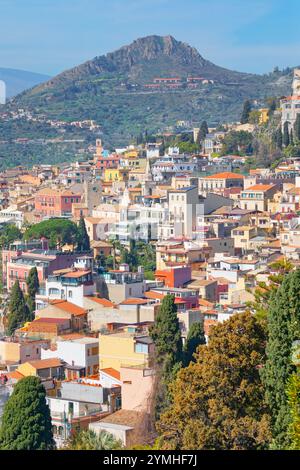 Blick auf Taormina Stadt, Taormina, Sizilien, Italien Stockfoto