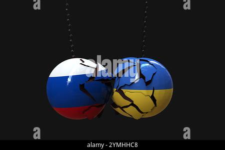 Das Konzept des Russland-Ukraine-Krieges zwischen Russland und der Ukraine. 3D-Abbildung zwei Metallkugeln Russland und Ukraine Flaggen Kampf Angriff gebrochen. Stockfoto