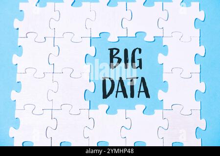 Puzzle mit dem Wort Big Data in der Mitte. Das Puzzle besteht aus weißen Teilen und ist auf blauem Hintergrund Stockfoto