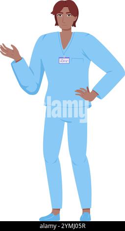 Männlicher Arzt in blauen Peelings Gesten mit einer Hand. Minimalistische Vektorillustration auf weißem Hintergrund. Medizinisches und medizinisches Personal c Stock Vektor