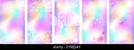 regenbogen surreale Geschichten Hintergrund Set. Holografisches Anime-Design. Design mit Netz. Stock Vektor Illustration in abstraktem Stil. Stock Vektor