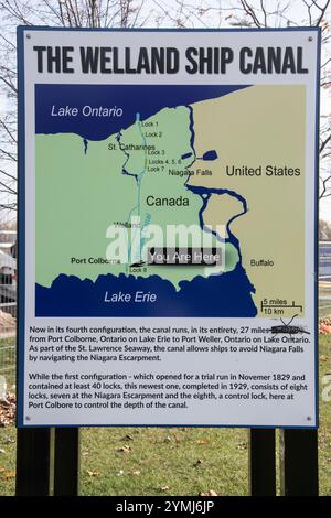 Schild für den Welland-Schiffskanal am Lock 8 Gateway Park auf der Mellanby Avenue in Port Colborne, Ontario, Kanada Stockfoto