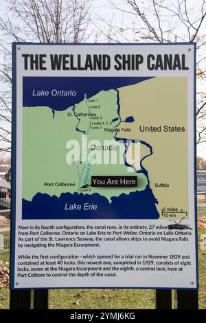 Schild für den Welland-Schiffskanal am Lock 8 Gateway Park auf der Mellanby Avenue in Port Colborne, Ontario, Kanada Stockfoto